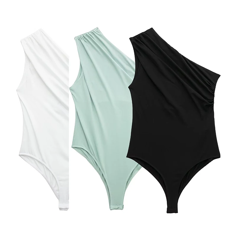 

Женские сексуальные однотонные плиссированные Асимметричные облегающие Боди без рукавов, женские Комбинезоны на одно плечо, женские комбинезоны