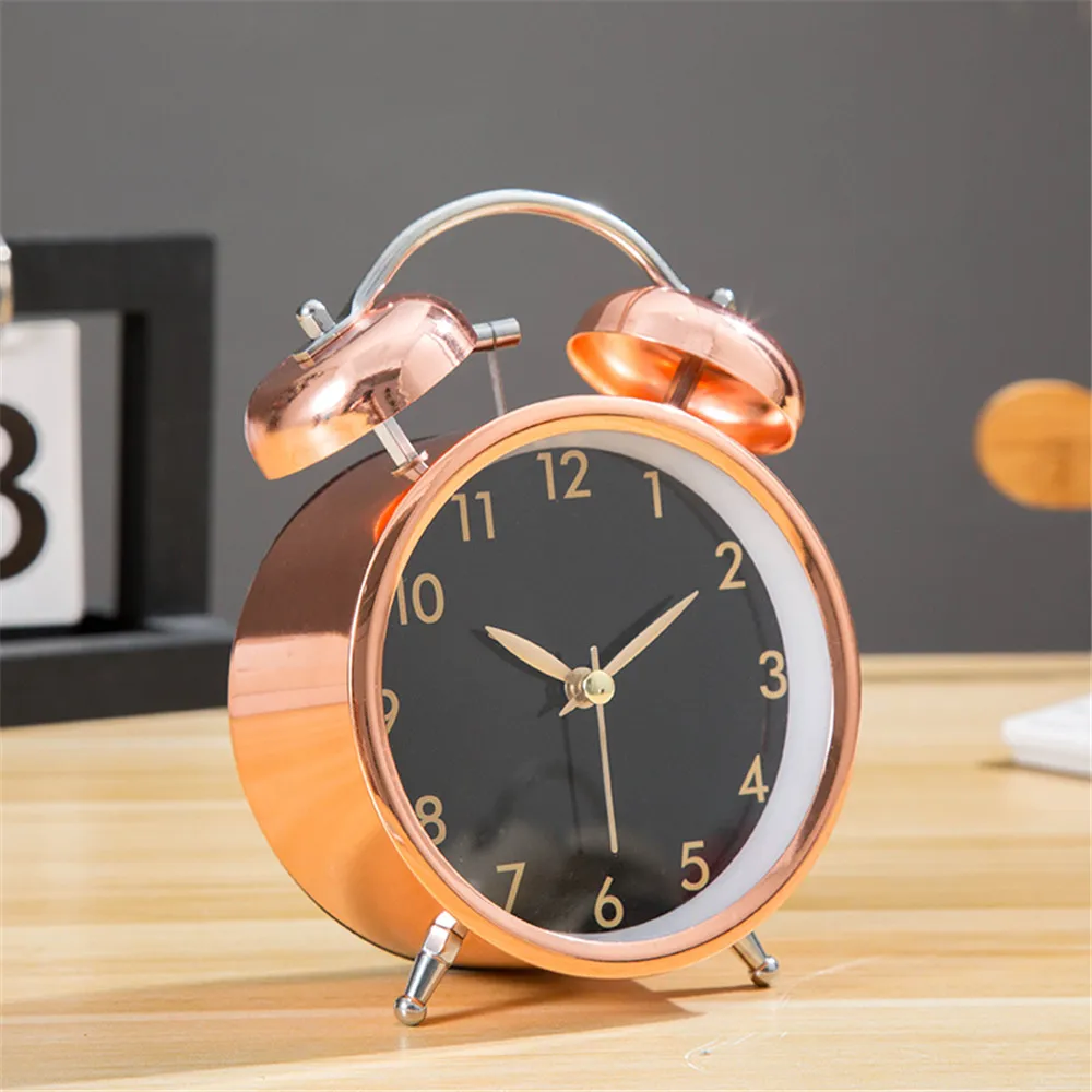 

4 inch Alarm Clock Modern Metal Table Clock Bedside Mute Movement Clock with Night Light Morning Get up Bell