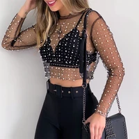 women summer pearl beading bling rhinestone see through crop tops chic mesh t shirts party beach holiday lace tops streetwear