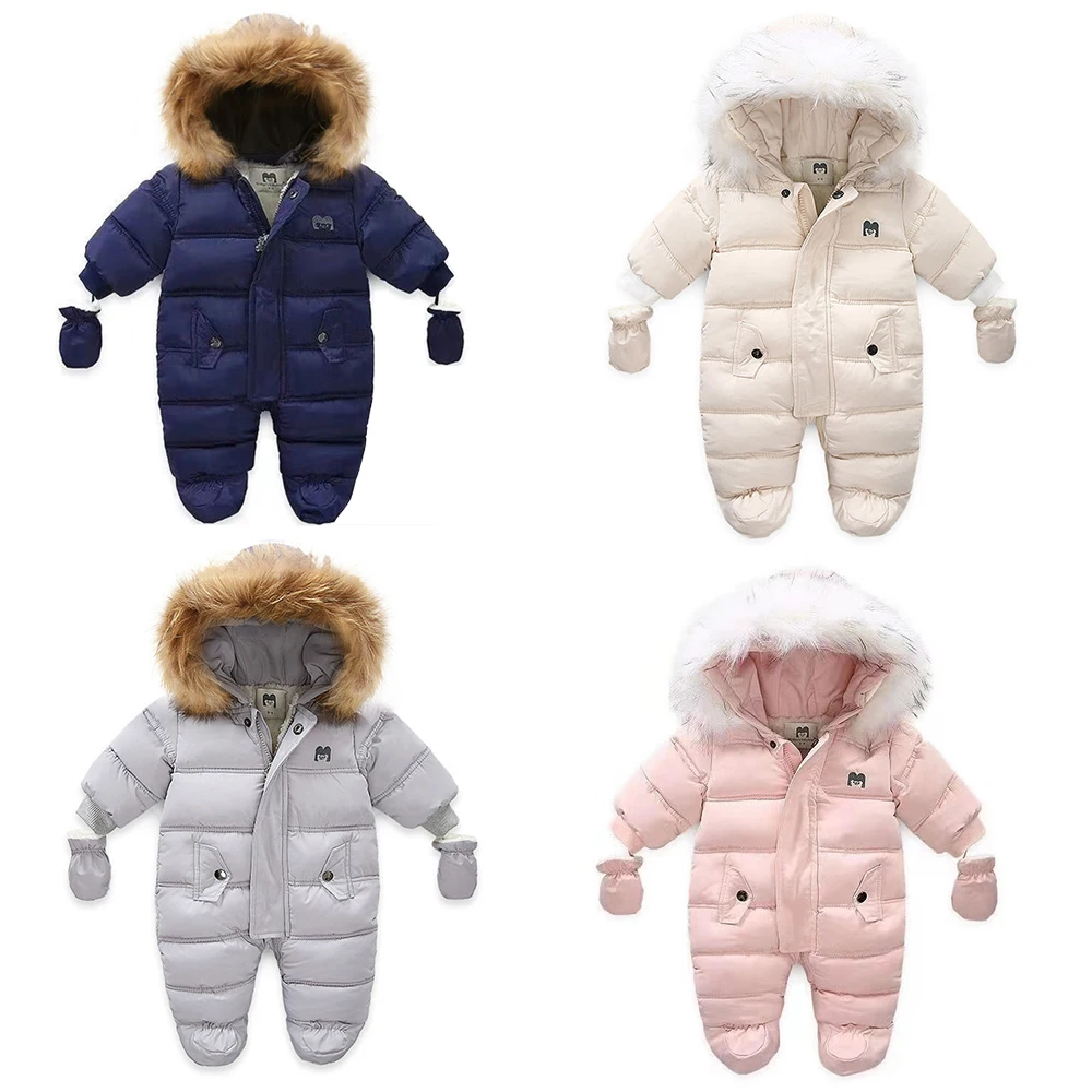 2022 Winter Thick Warm Infant Baby Jumpsuit Hooded Inside Fleece Boy Girl Overalls Outerwear Kids Snowsuit