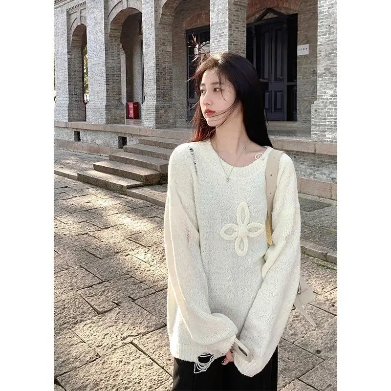 

Lazy Wind Broken Sweater Women 2023 Spring and Autumn Loose Pullover Long Sleeve Jacquard Sweater Soft Waxy Top