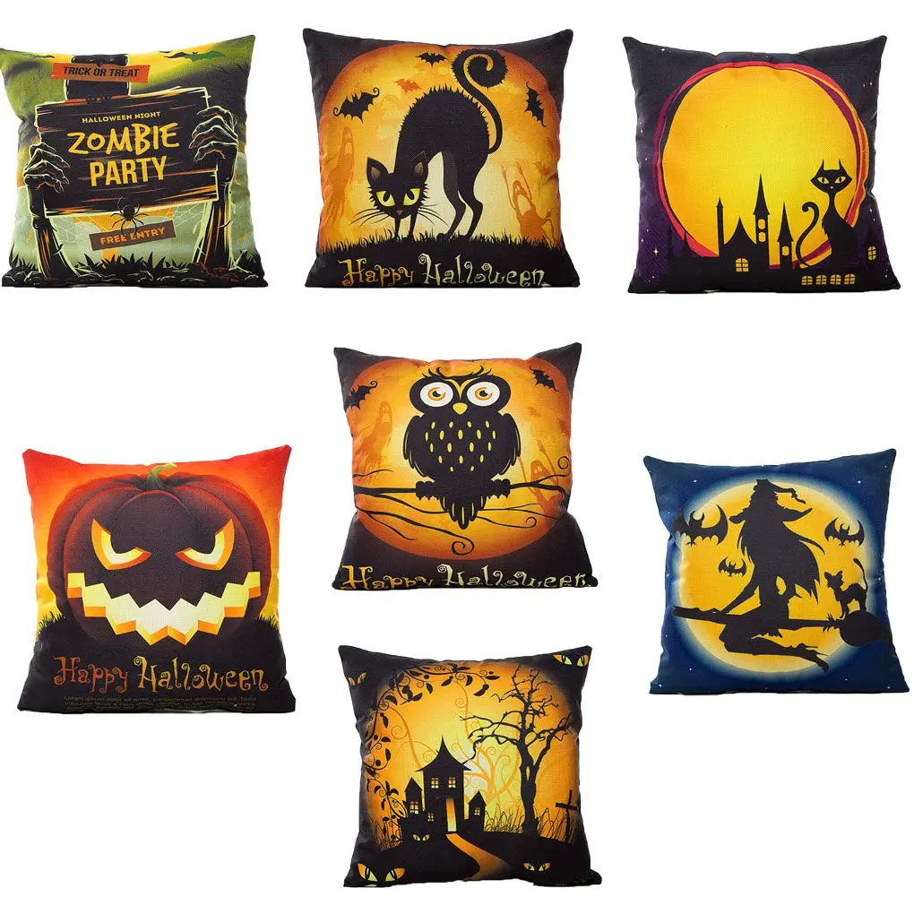 

Halloween Theme Pumpkin Witch Cat Owl Print Pillowcase Square Linen Cushion Cover Home Hotel Party DIY Decoration Accessories