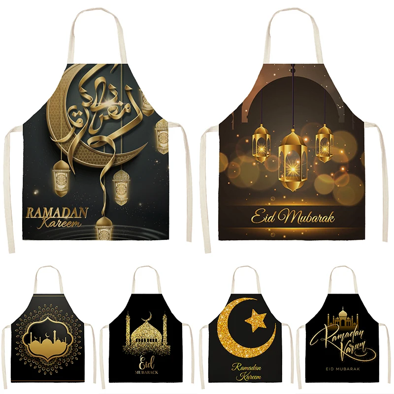 

Muslim Eid Mubarak Printed Kitchen Apron For Women Ramadan Kareem Home Cooking Baking Waist Bib Star Crescent Cotton Linen Decor