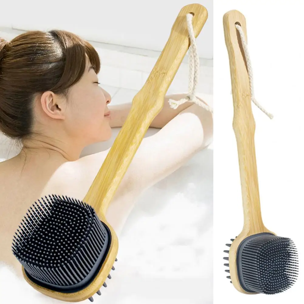 

Silicone Bristle Bath Brush Multi-functional Wooden Long Handle Bath Brush With Soft Silicone Bristles For Massage Shower
