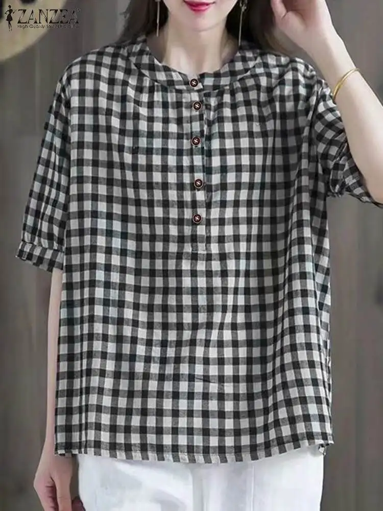 Женская Повседневная Свободная рубашка ZANZEA 2024 летняя винтажная клетчатая блузка