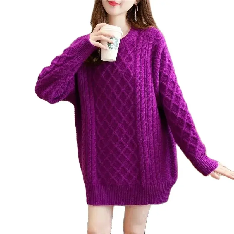 

Autumn Winter New Fried Dough Twists Sweater Dress Women's Pullover Korea Loose Long Knit Sweaters Solid Casual Clothing Female