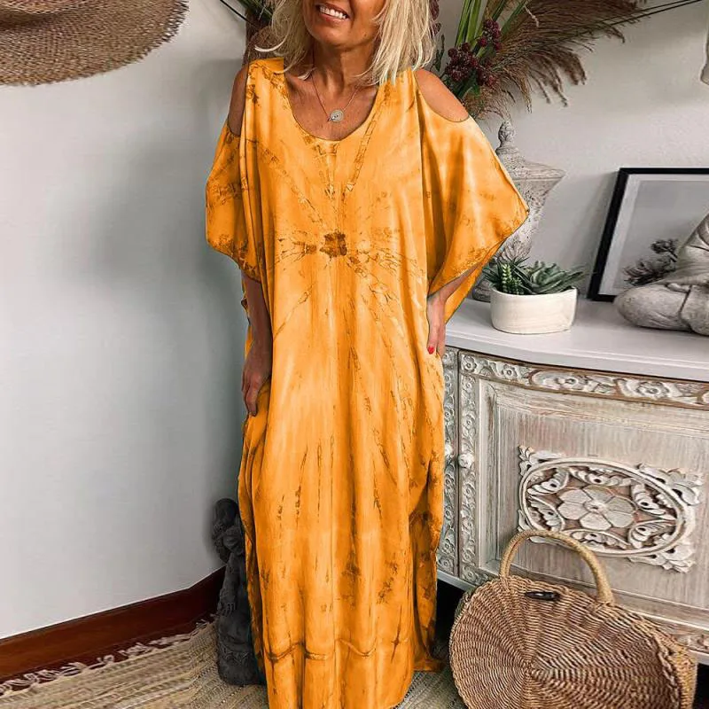 

Casual Hollow Bat Sleeve Bohemian Beach Dress Summer Fashion Tie Dye Loose U-neck Maxi Dress For Women 2023 Split Beach Dress