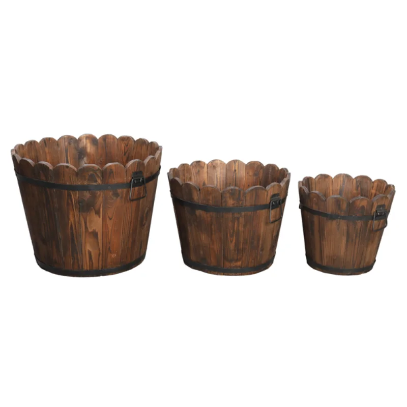 Outdoor Reinforced and Anticorrosive Chinese Fir Planting Pot Flower-Shaped Barrel Carbonized Color[US Stock]