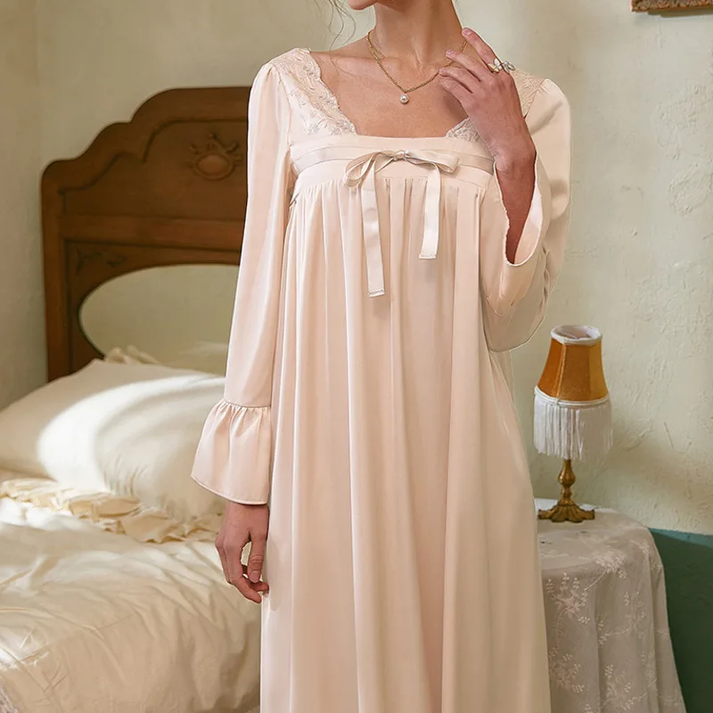 Spring Nightgowns Women Satin Nightwear Sleepdress Elegant Retro Vintage Kimono Sleepwear Lingerie Long Home Dress Dressing Gown