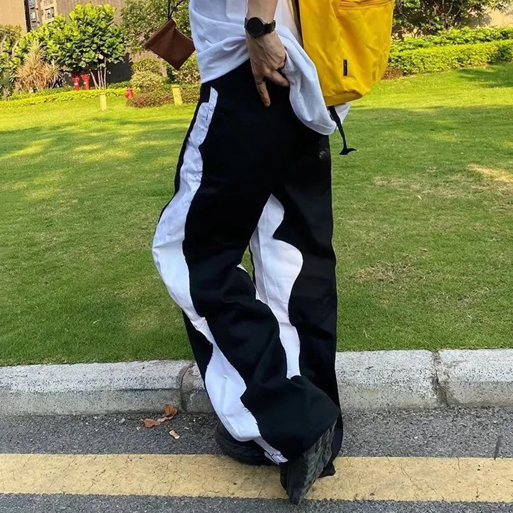 American Style High Street Trendy Brand Patch Design Jeans Men National Tide Loose Straight Leg Contrast Color Wide Leg Trousers