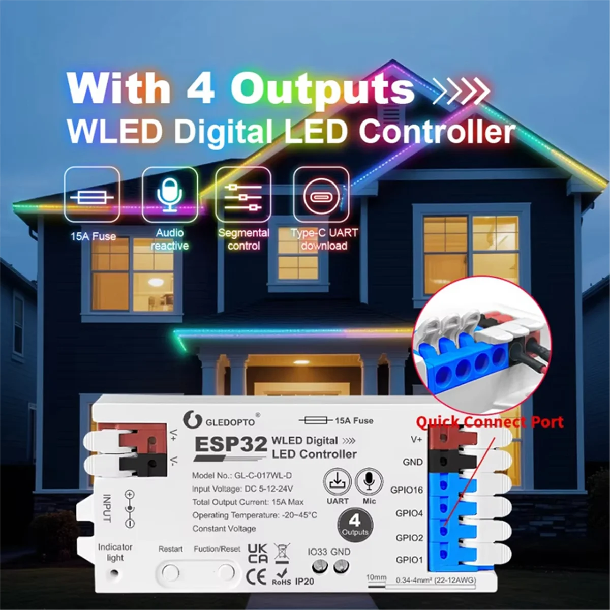 Контроллер ABNJ ESP32 WLED с 4 выходами, предохранителем 15 А, микрофоном, звуком, динамическим освещением, сделай сам, энергосберегающее реле, переключатель уровня IC, белый (art.: 3920cfec30152) - 3920cfec30152