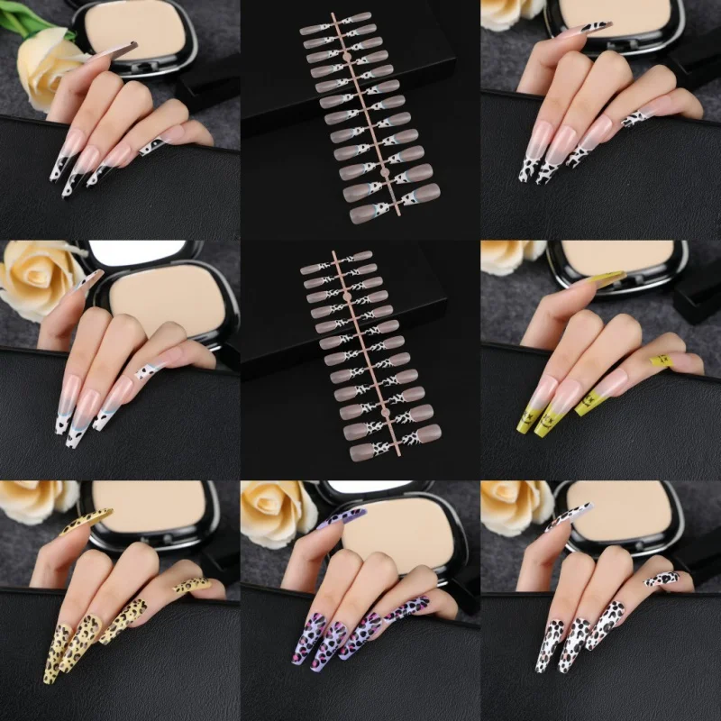 

Free Shipping 24pcs Reusable Adhesive False Nails Art Gyaru Gradient Easy Wear Smile Leopard Y2K Manicure Long 1 Dollar Item