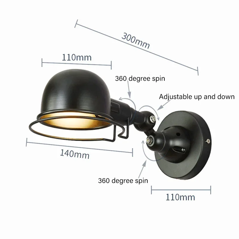 Американский ретро черный светодиодный настенный светильник регулируемый для