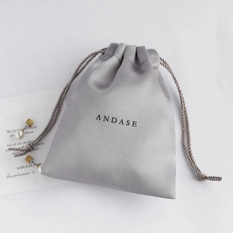 100pcs grey satin drawstring bags custom dust bags Jewelry package pouch personalized your logo printed wholesale package gift