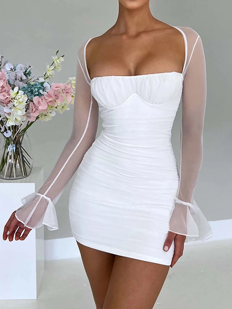 

Elegant Backless Sexy Mini Dress Women Spring Summer Two Layer Mesh Long Sleeve Zipper Bodycon Dress Party Club Dress Vestidos