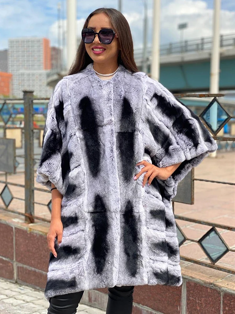 Bat Style Chinchilla Fur Jacket Female Luxury Fashion Casual Outertwear Bat Sleeve Loose Genuine Real Rex Rabbit Fur Coat Women enlarge