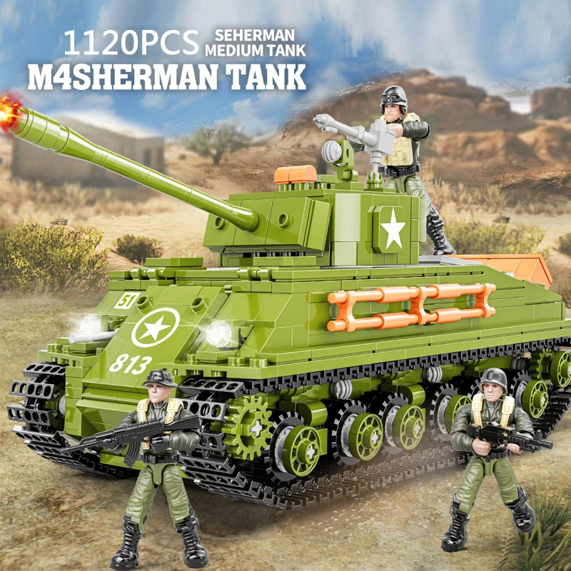 

America Military M4 Sherman Medium Tank Batisbricks Mega Build Block Ww2 Army Forces Action Figures World War Vehicle Brick Toys