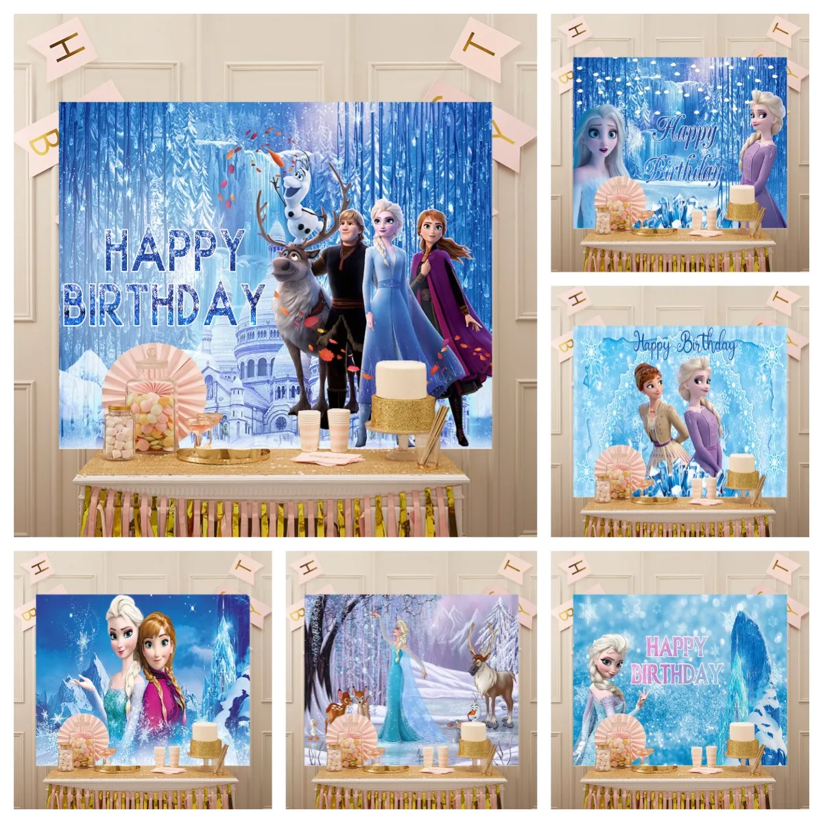 

Disney Princess Winter Ice Snow Queen Olaf Elsa Anna Frozen Snowflake Castle Backdrop Girls Birthday Party Decor Background