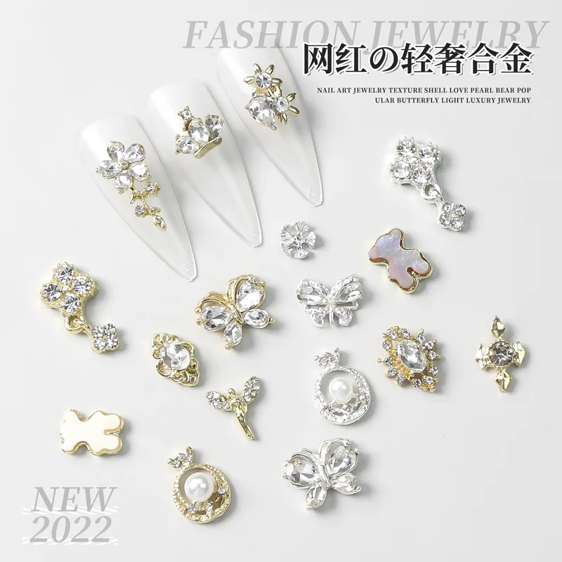 

10pcs Shiny Zircon Alloy Nail Art Decoration Gold Silver 3D Nail Charms Pearl Diamond Nail Supply DIY Manicure Accessories Tools