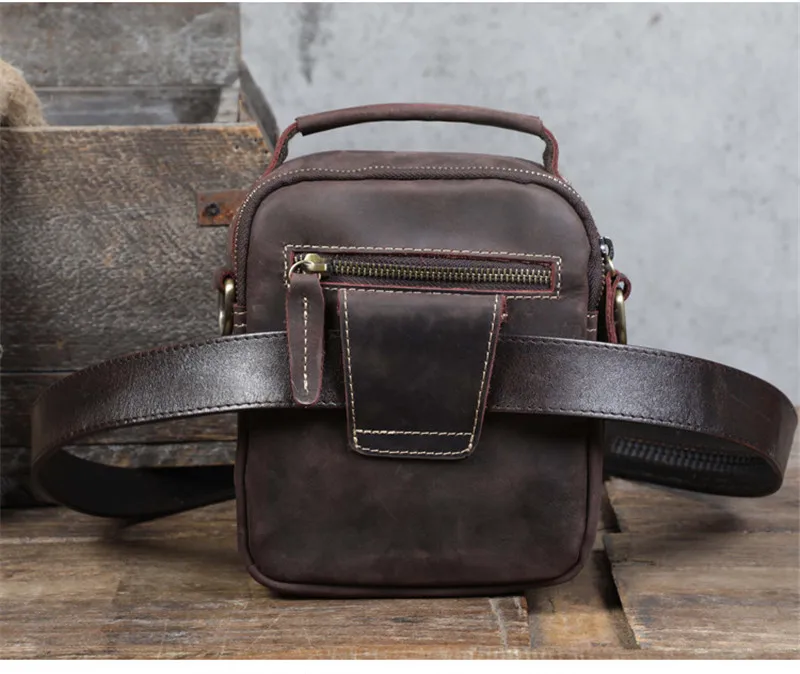 Retro fashion crazy horse leather men's small handbag daily weekend work party multi-pocket real cowhide shoulder messenger bag