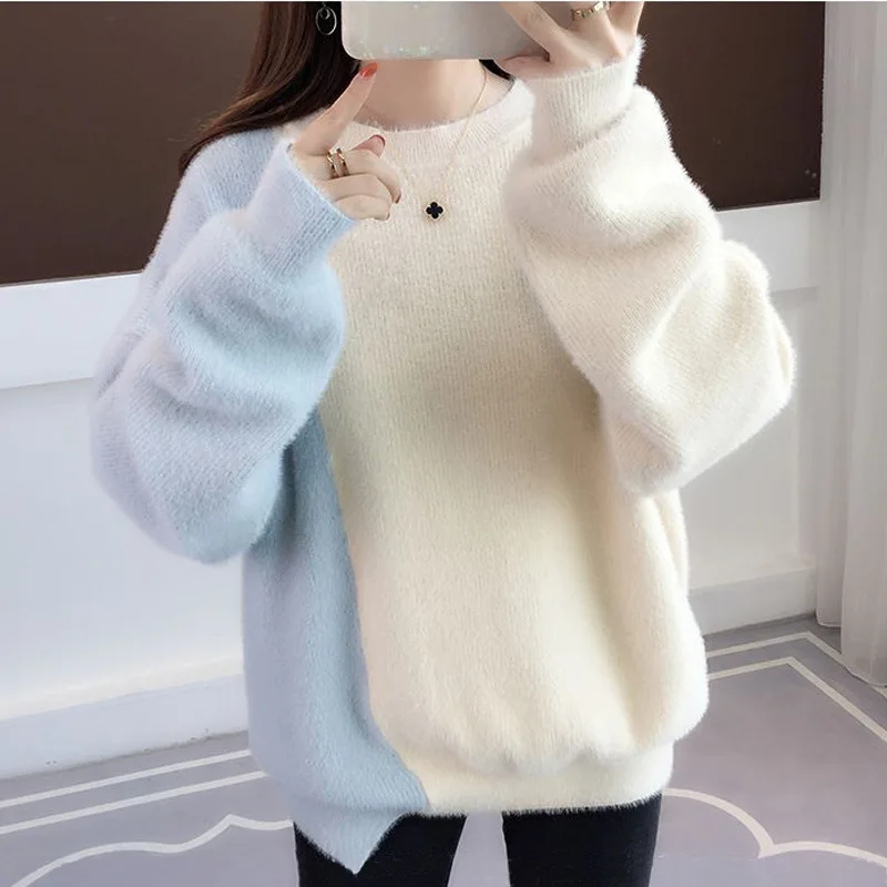

Женский свитер в новом стиле на осень и зиму 2022 года, нежная и утепленная нежная рубашка оверсайз в западном стиле с цветной блокировкой
