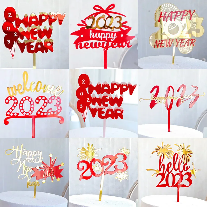 

2023 Happy New Year Cake Toppers Acrylic Cupcake Topper New Year Party Cake Decoration Home Party Gifts Dessert Decorations