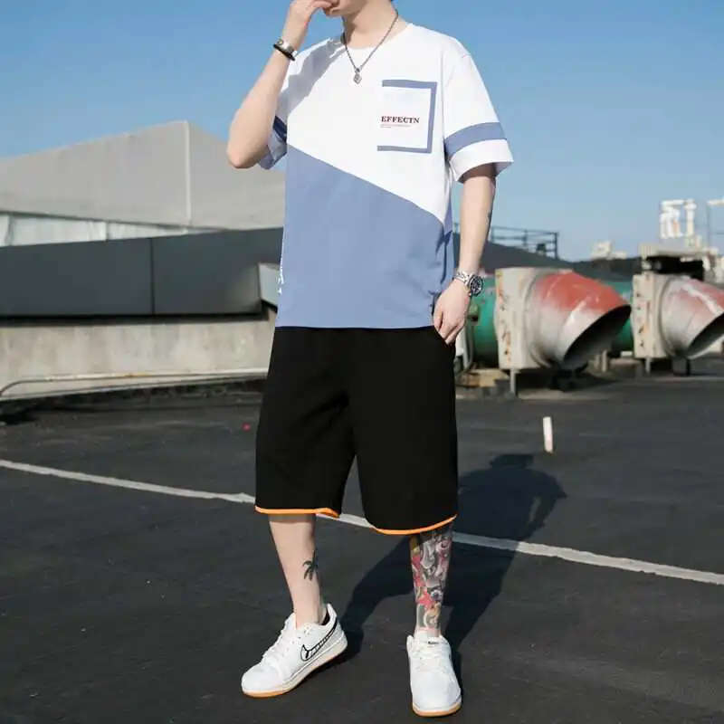 

2022 Summer Cotton Tracksuit Men Patchwork Short Sleeve Casual Shorts Sports Sets Mens Fashion Hip Hop 2 Piece Suit Streetwear
