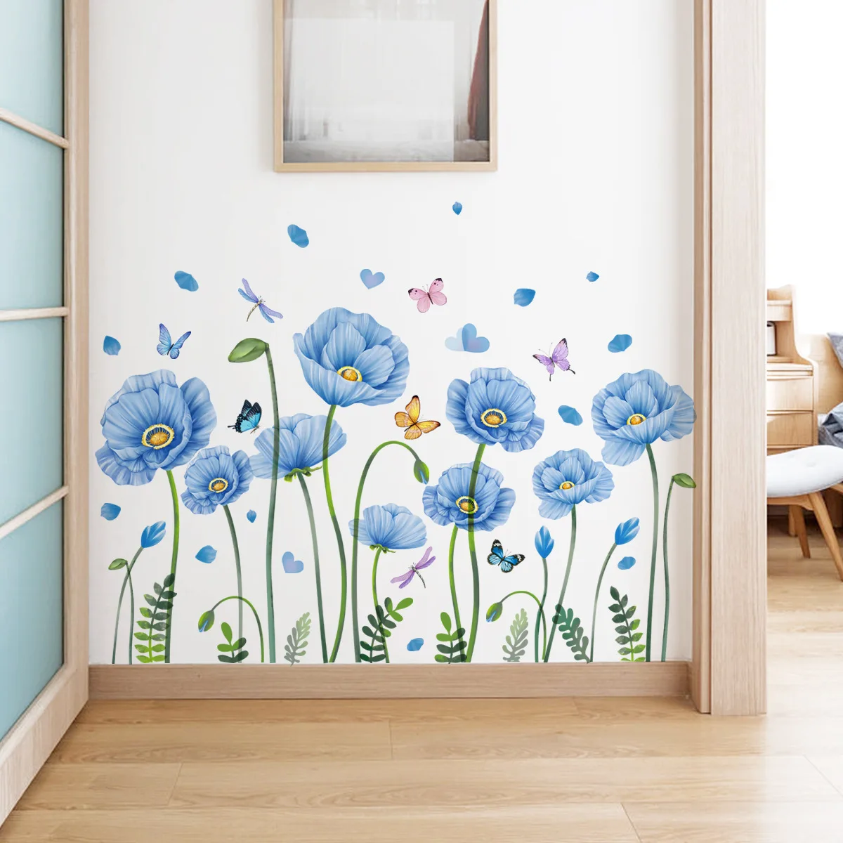 

Flower Wall Stickers Blue Floral Plants Decor Peel Stick Bedroom Decals for Girl Living Room Botanical Art Interior Decoration