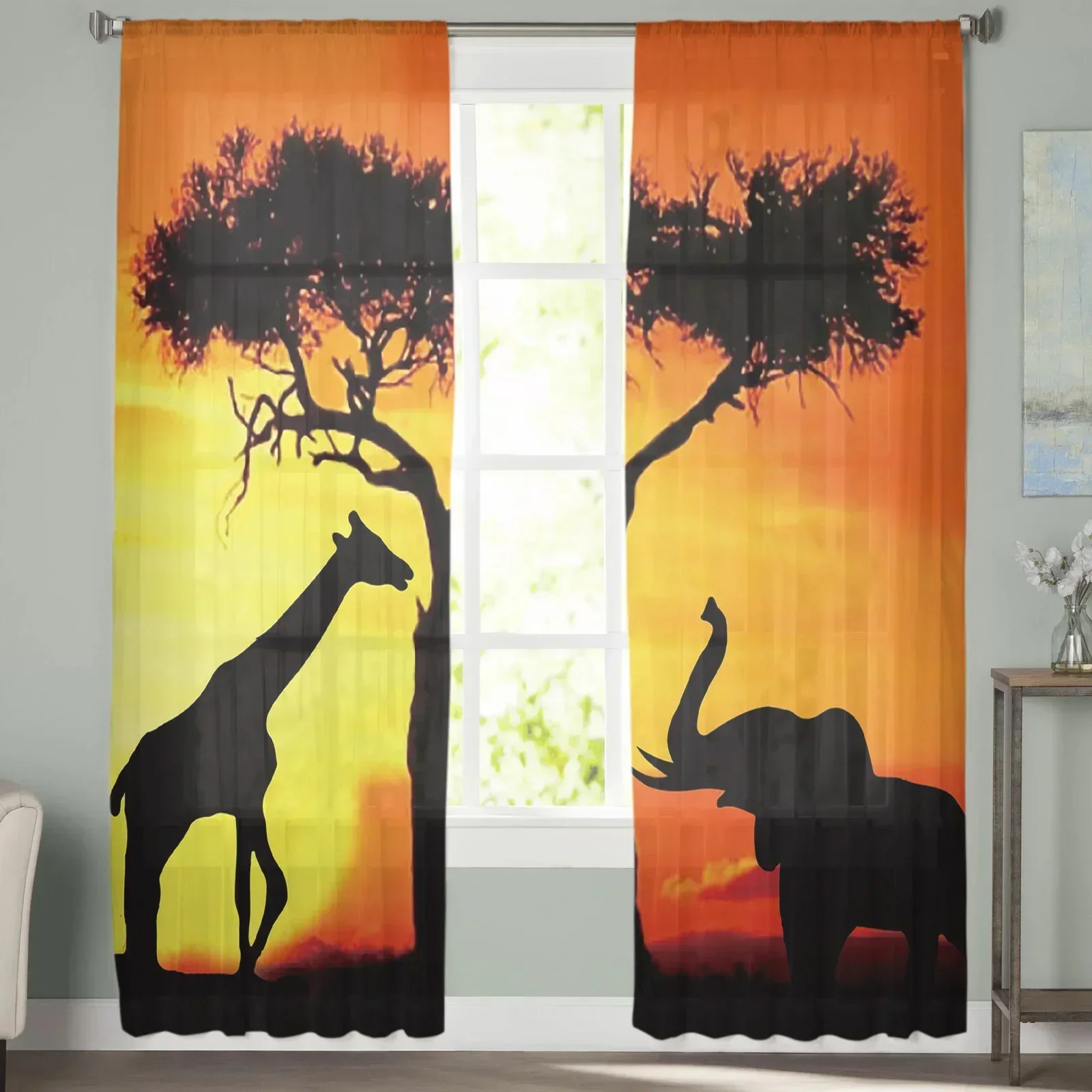 Сумерки Африки Слон Жираф Дерево Силуэты Шифоновые Прозрачные Шторы Гостиная