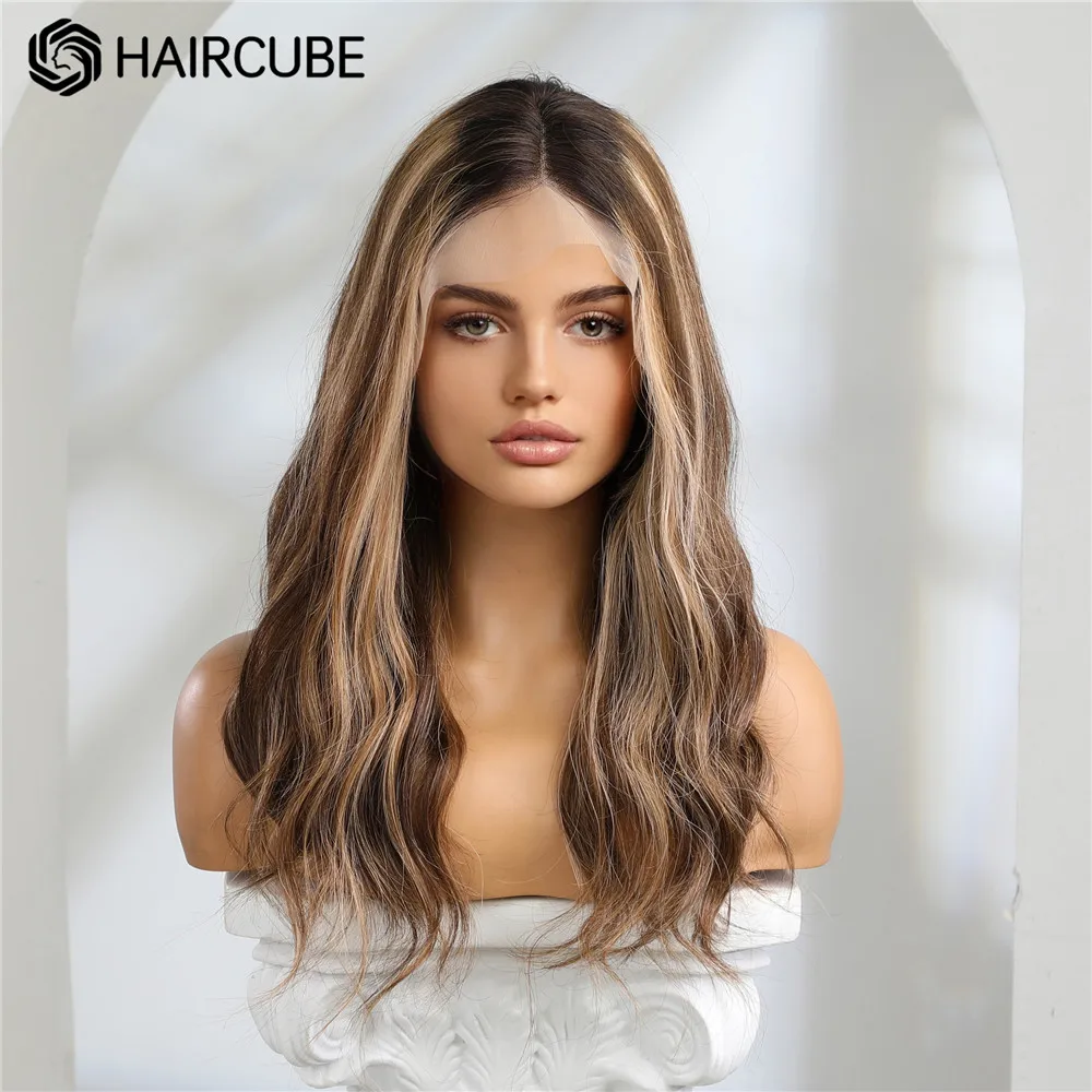 HAIRCUBE Beach Wave Human Hair Wig 13×5×1 Long Brown Highlight Lace Front Wigs for Women Remy Hair Middle Part Lace Frontal Wig