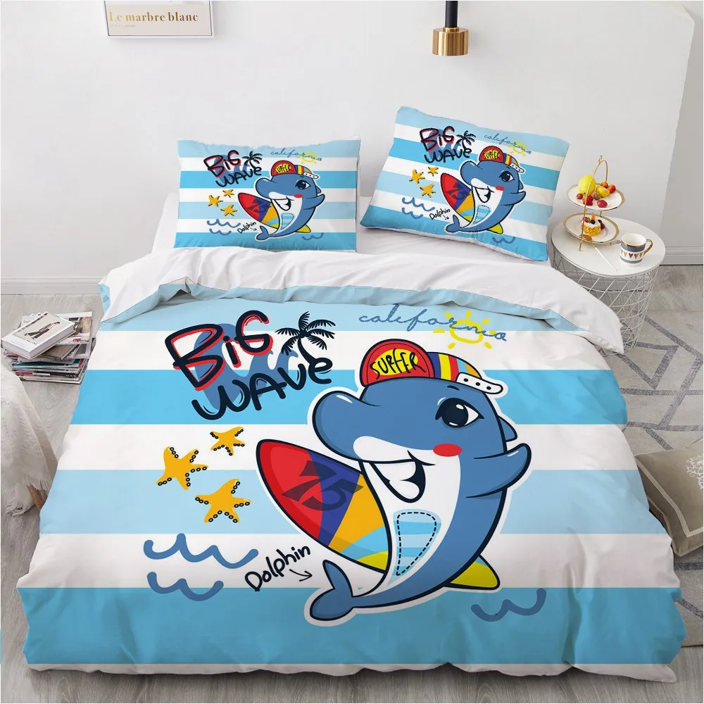 

Classic 3D Bedding Set Cover Set Comforter Queen King Queen Double Single Size Blue Ocean Cartoon Design Pillowcase Bedclothes