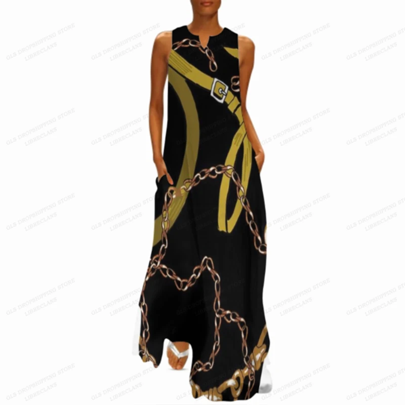 

Feather Print Dress Women Fashion Gold Chain Dress Party Evening Casual Long Dresses Max Elegant V-neck Loose Vestido Black New