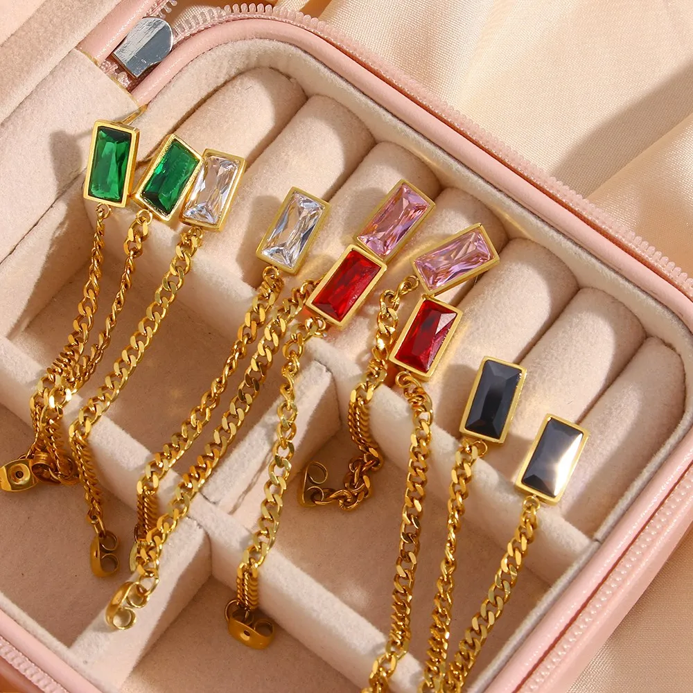 

2022 Stainless Steel 18K Gold Plated Chain Earring Square Green Black White Red Zircon Stone Hanging Earrings Woman Gold Earring