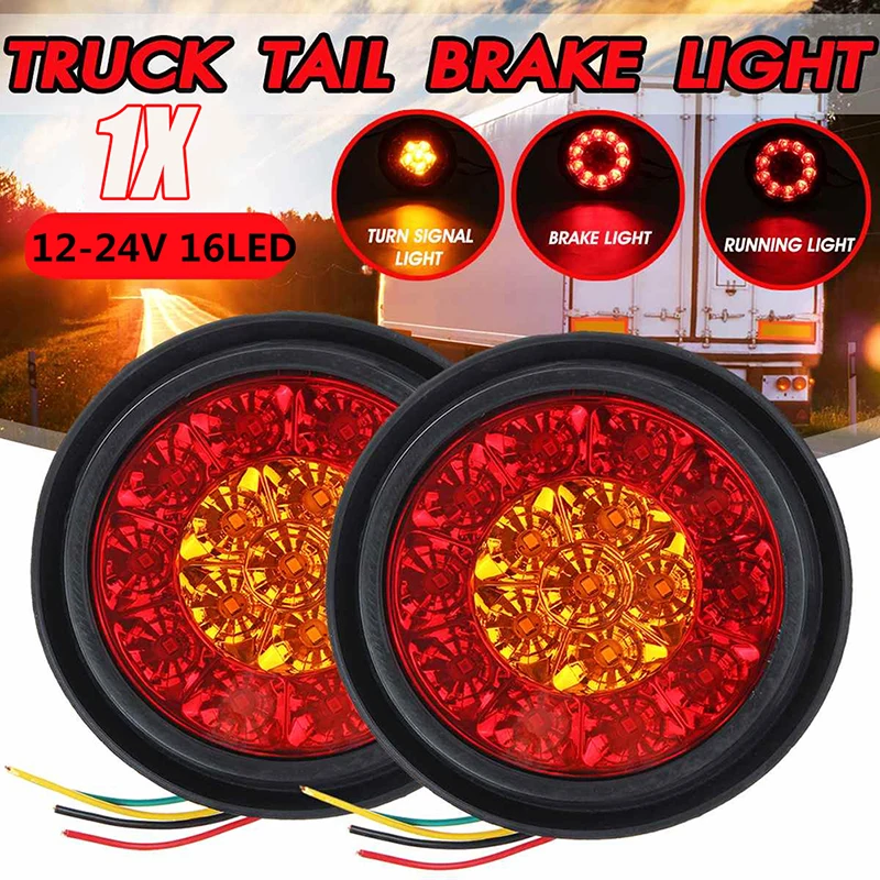 

1Pc 12V 4" Round Red/Amber 16-LED Car Round Red Taillights Truck Trailer Brake Stop Turn Signal Tail Lights Rear Fog Light