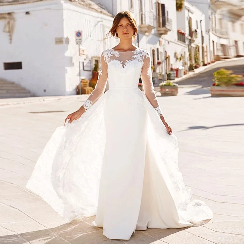 

Elegant A-Line O-Neck Wedding Dress Boho Long Sleeve Lace Appliques Bridal Gown Removable Skirt Illusion Backless Button Train
