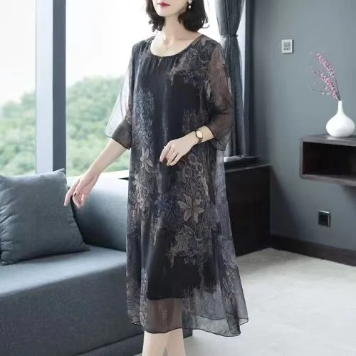 

BA25 Pure Cotton Silk Dress for Women 2023 New Middle aged Mom Summer Dress Large Size Foreign Style Middle aged and Elde