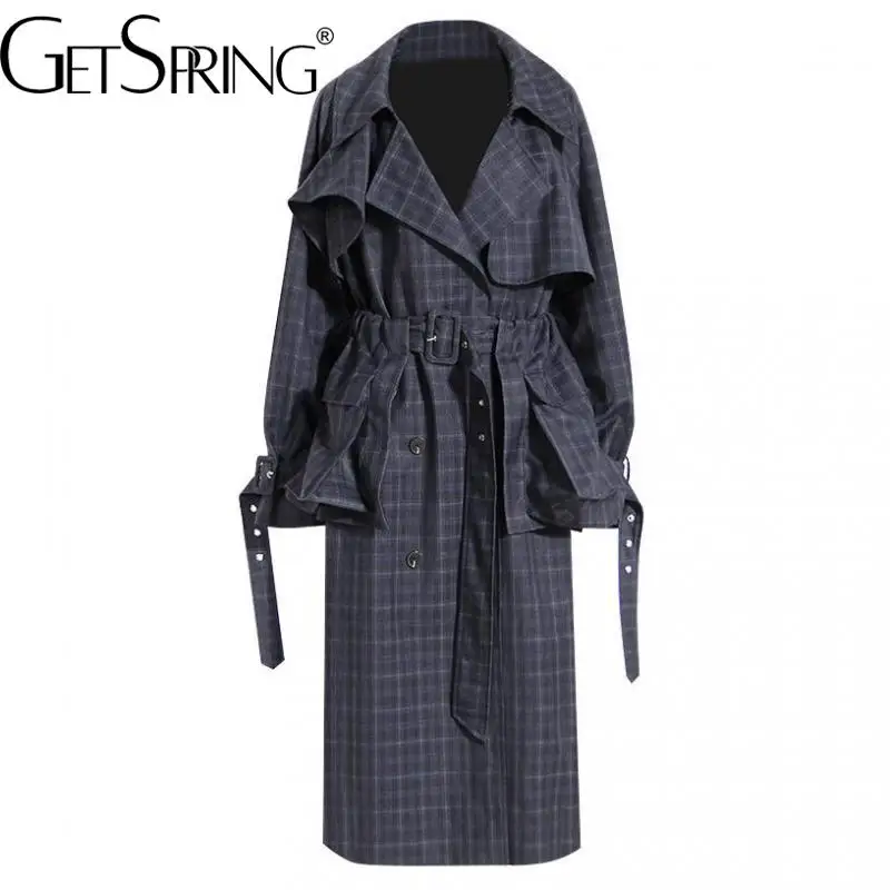 

Getspring Women Trench Coat Bandage Double Breasted Windbreaker Vintage Long Autumn And Winter Navy Blue Grid Overcoat 2022 New
