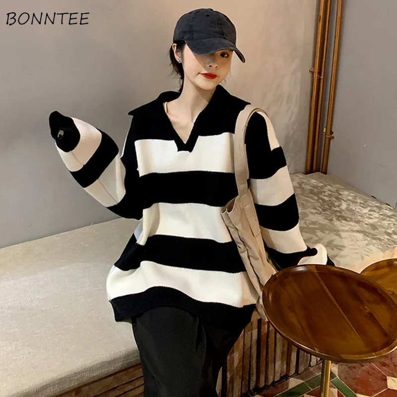 

Pullovers Women Lovely Striped Sweater Spring Warm All-match Simple Loose Leisure College Ulzzang Elegant Chic Cosy Fashion Fit