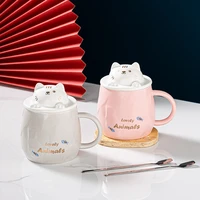 cute creative relief personalized mug with lid cat cover home office porcelain breakfast coffee cartoon ceramic cup wholesale