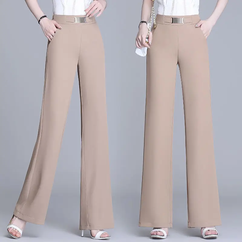 

Women 2022 Spring Summer Loose Suit Pants Female Soft Ice Silk Full-Length Pants Office Lady High Waist Wide Leg Trousers J24