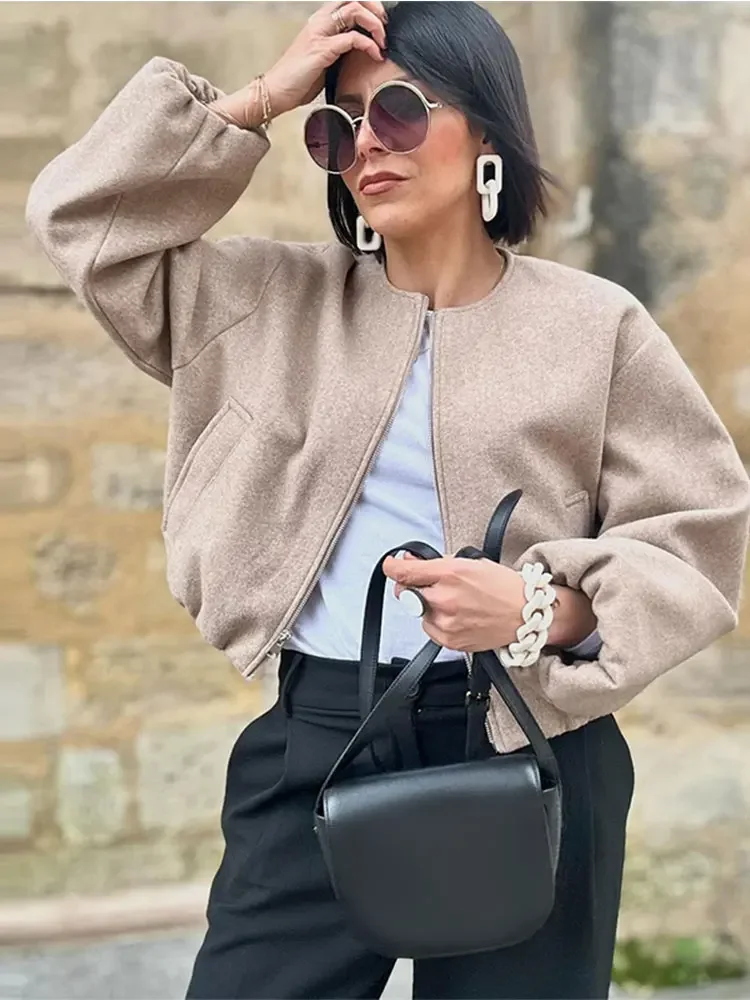 Женская укороченная куртка-бомбер на молнии с круглым вырезом повседневная