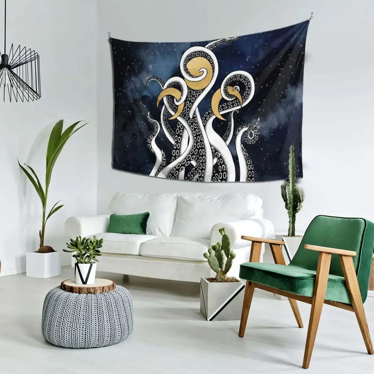 Эзотерическая иллюстрация киберпанка кракен с щупальцами и фазами луны гобелен