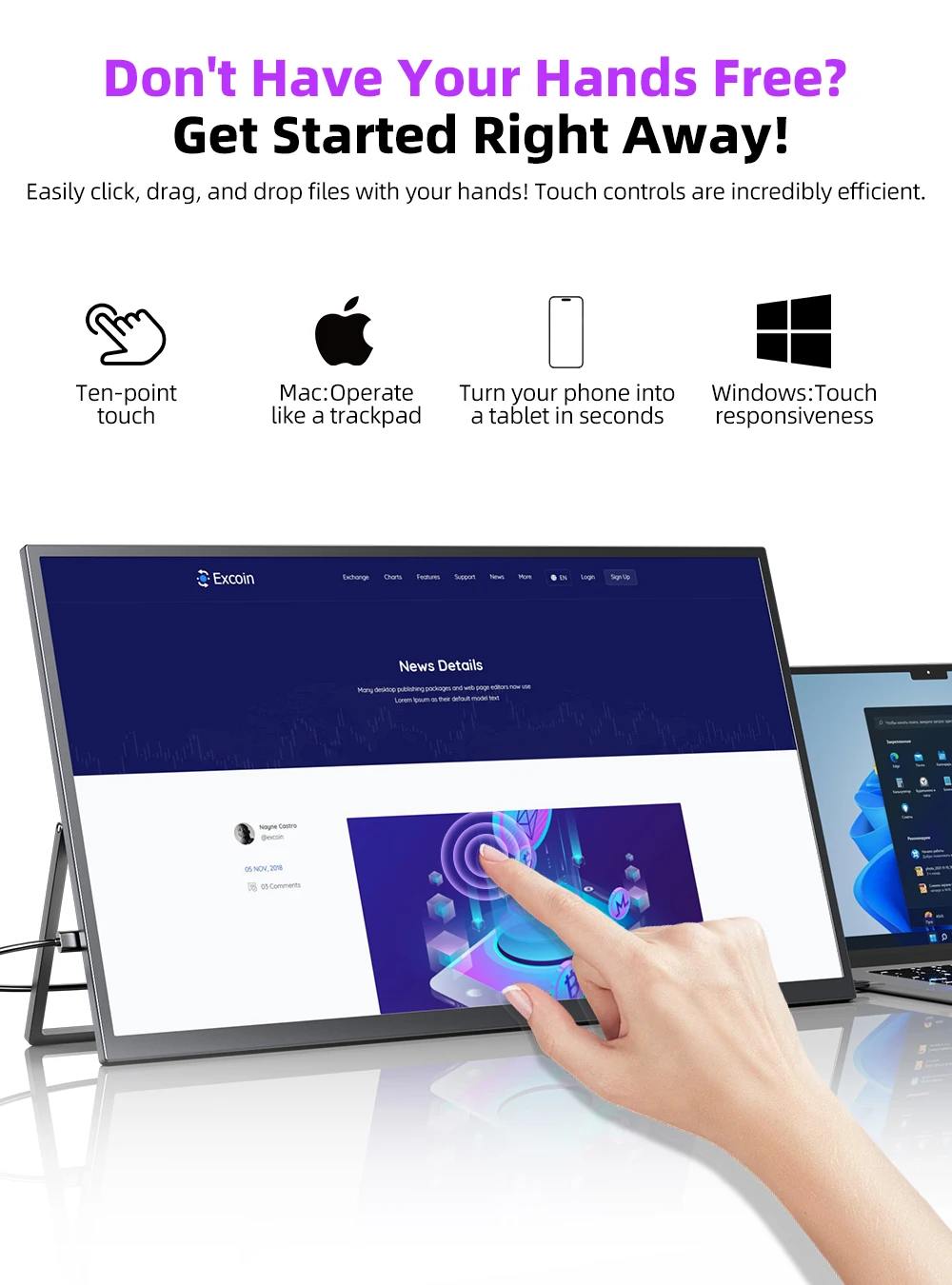 Фото Портативный сенсорный монитор UPERFECT 22 дюйма 2K с VESA и 180 ° Регулируемая подставка 2560*1440 QHD FreeSync IPS HDR Большой игровой дисплей №4