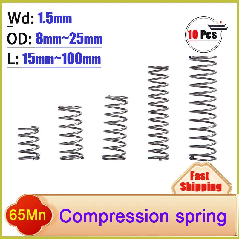 

Пружина сжатия из стали 65Мн, диаметр проволоки 1,5 мм, микро-малая, внешний диаметр 8-25 мм, длина 15-100 мм, настраиваемая, 10 шт.