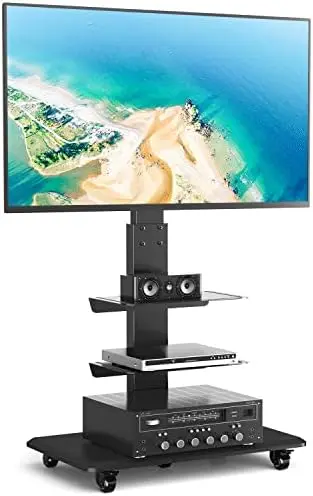 

Floor TV Stand with Swivel Mount for 40-75 Inch Flat Screen/Curved TVs, 3-Shelf Heavy Duty Portable Mobile TV Cart with Wheels,