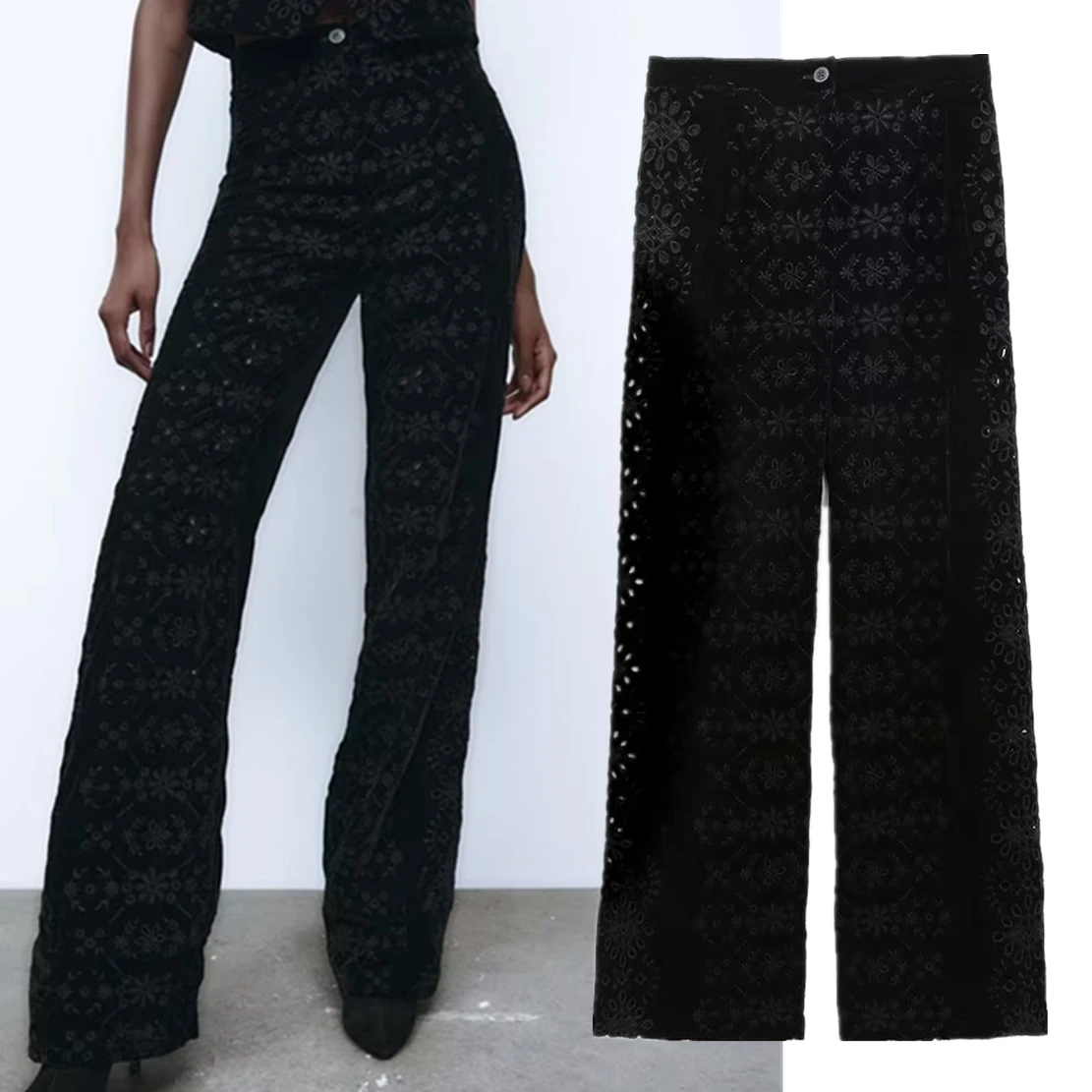 

Elmsk Embroideried Velvet Pants Fashion Vintage Casual Straight Trousers Women