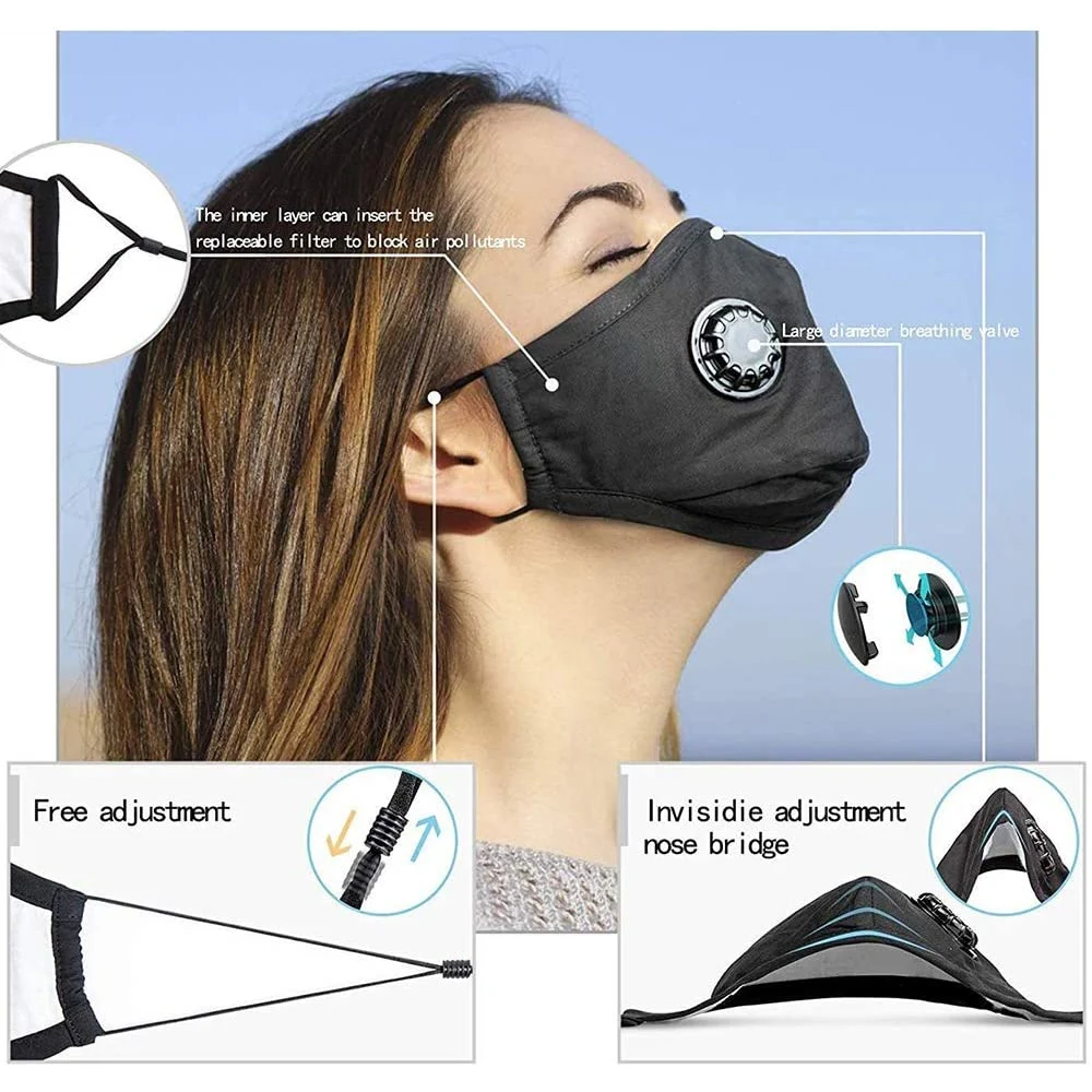 Tcare Fashion Double Breathing Valve Anti Dust Face Mouth Mask Wirh PM 2.5 Activated Carbon Filter Washable Reusable Cotton | Красота и