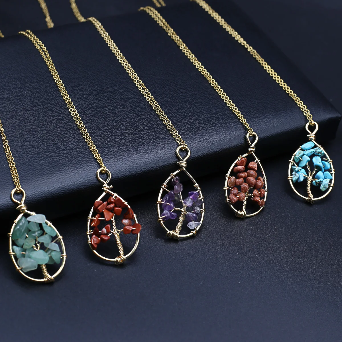 

Natural Turquoise Agate Hand Wrapped Crushed Stone Life Tree Water Droplet Shape Pendant Necklace Spiritual Healing