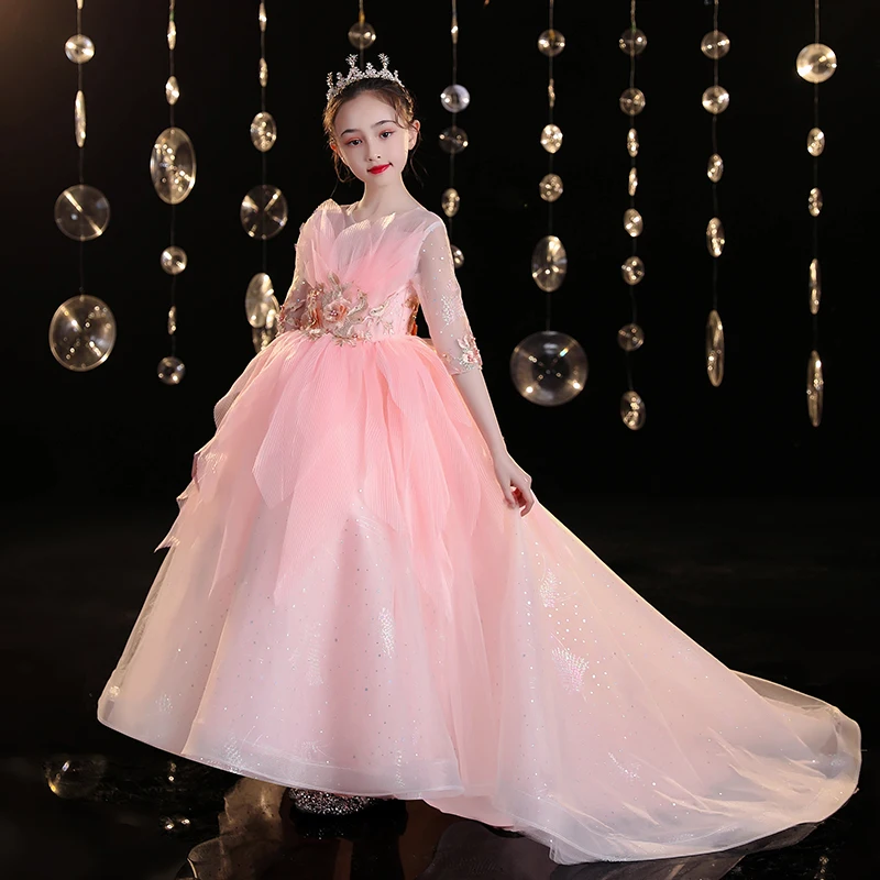 

Новинка весна 2022 элегантные детские платья розового цвета с коротким рукавом для девочек на день рождения и свадьбу вечерние костюмы принц...