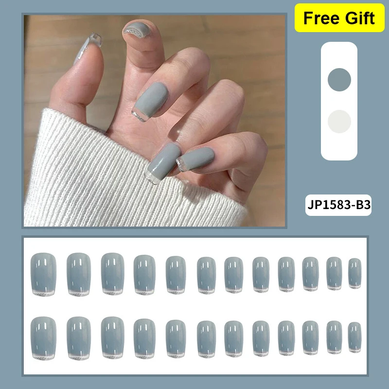 

24pcs fake nails set press on faux ongles reutilisable capsule tips elegant smoky blue square design false acrylic nail supplies